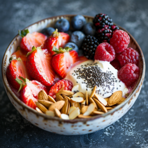 A bowl brimming with fresh strawberries, blueberries, blackberries, and raspberries, coupled with crunchy almond slices and a dollop of creamy yogurt sprinkled with chia seeds creates the perfect **Berry Nutty Salad**—a vibrant mix bursting with goodness. Set against a sophisticated dark textured background, this nutrient-rich delight from Zestful Blends not only tantalizes your taste buds but also fuels your day with nature’s best. Plus, it's eco-friendly! Savor the health benefits and freshness in every bite.