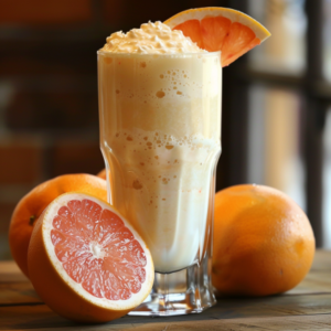 A tall glass of our luscious Citrus Burst smoothie, brimming with fresh, creamy orange zest, is elegantly topped with a fluffy dollop of whipped cream and a vibrant orange slice. Surrounding the glass are three plump whole oranges and a juicy halved orange, showcasing the bounty of pure goodness in every sip. All set against a softly blurred background, this scene epitomizes the healthful vibrancy and eco-friendly freshness that Zestful Blends proudly delivers in our fruit salads, juices, snacks, smoothies, whole fruit packs, and desserts. Get ready to savor nature's vitality bursting with goodness!