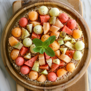 Experience the vibrant celebration of our Melon Fiesta Tart, a masterpiece bursting with goodness and health benefits! This colorful delight features an array of freshly scooped melon balls, including watermelon, honeydew, and cantaloupe. Each juicy bite is packed with vitamins and antioxidants. The tart’s wholesome base is generously sprinkled with nutritious nuts and chia seeds, delivering a satisfying crunch. A refreshing sprig of mint crowns this tantalizing treat, all presented elegantly on an eco-friendly wooden board. Indulge in this fresh dessert that’s as nutritious as it is beautiful – only at Zestful Blends!