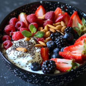 A vibrant black-speckled bowl brimming with creamy yogurt, topped with a medley of fresh strawberries, raspberries, blueberries, blackberries, crunchy almonds, nutrient-packed chia seeds, and a refreshing sprig of mint sits on a sleek dark surface. This Berry Nutty Salad is bursting with goodness, offering an appetizing and nutritious display that perfectly blends rich flavors and natural textures. Enjoy the health benefits and freshness of our carefully crafted ingredients that not only nourish your body but also support eco-friendly practices. Embrace the zestful harmony in every dish from Zestful Blends!