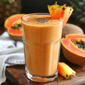 Behold the Tropical Paradise, a tall glass brimming with vibrant health and garnished with nutrient-packed chia seeds and a fresh slice of papaya. In the backdrop, halved papayas reveal their luscious, orange hue and rich black seeds against a rustic wooden surface. At Zestful Blends, our products are bursting with goodness—naturally fresh fruit salads, invigorating juices, wholesome snacks, revitalizing smoothies, hearty whole fruit packs, and delightful desserts—all crafted with care for your wellbeing. Our commitment to eco-friendly practices ensures you enjoy health benefits in harmony with nature’s bounty.