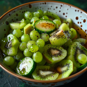 Bursting with goodness, our Kiwi Cucumber Crunch bowl is a vibrant medley of freshly sliced kiwi, crisp cucumbers, and succulent green grapes. Lightly sprinkled with zesty black pepper and drizzled in a refreshing, clear dressing, this green fruit extravaganza offers an unexpected yet delightful crunch. Presented in an eco-friendly speckled bowl that complements its fresh contents perfectly, this mix is not just a treat for your taste buds but also packed with health benefits. Enjoy the ultimate freshness and vitality from Zestful Blends!