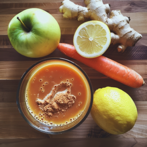 A refreshing glass of Citrus Sunrise, bursting with goodness and topped with a sprinkle of ground ginger, sits elegantly on a rustic wooden surface. Surrounding this vibrant delight are an array of fresh ingredients: a crisp apple, a zesty halved lemon alongside its whole counterpart, a nutritious carrot, and revitalizing ginger root. This citrus medley perfectly captures the invigorating freshness of a sunrise. At Zestful Blends, we pride ourselves on offering products that epitomize health and vitality while embracing eco-friendly practices for a sustainable future.