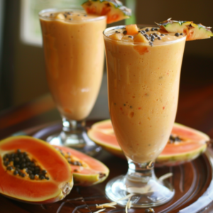 Two tall glasses of our luscious Tropical Paradise smoothie are garnished with fresh pineapple slices and sprinkled with nutrient-packed chia seeds. Surrounding the vibrant glasses, ripe papaya halves brimming with juicy black seeds enhance this refreshingly tropical presentation. Bursting with goodness, every sip delivers a revitalizing blend of our freshest ingredients, embodying the essence of Zestful Blends' commitment to health and eco-friendly practices. Experience the invigorating flavors and wholesome benefits with each delightfully crafted treat!