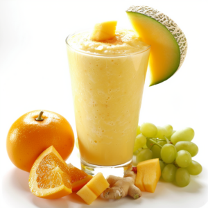 Indulge in a refreshing orange smoothie, topped with a vibrant melon slice and surrounded by our All-Star Fruit Spectacle. This stunning array includes whole oranges, juicy slices, plump grapes, zesty ginger, and succulent melon cubes, all beautifully arranged on a pristine white background. Bursting with goodness and vitality, each element showcases the pure freshness of Zestful Blends' offerings. Delight your senses while nourishing your body with our delectable fruit salads, rejuvenating juices, wholesome snacks, invigorating smoothies, convenient whole fruit packs, and indulgent desserts. Experience the unmatched fusion of taste and nutrition—all crafted with eco-friendly passion for your well-being.