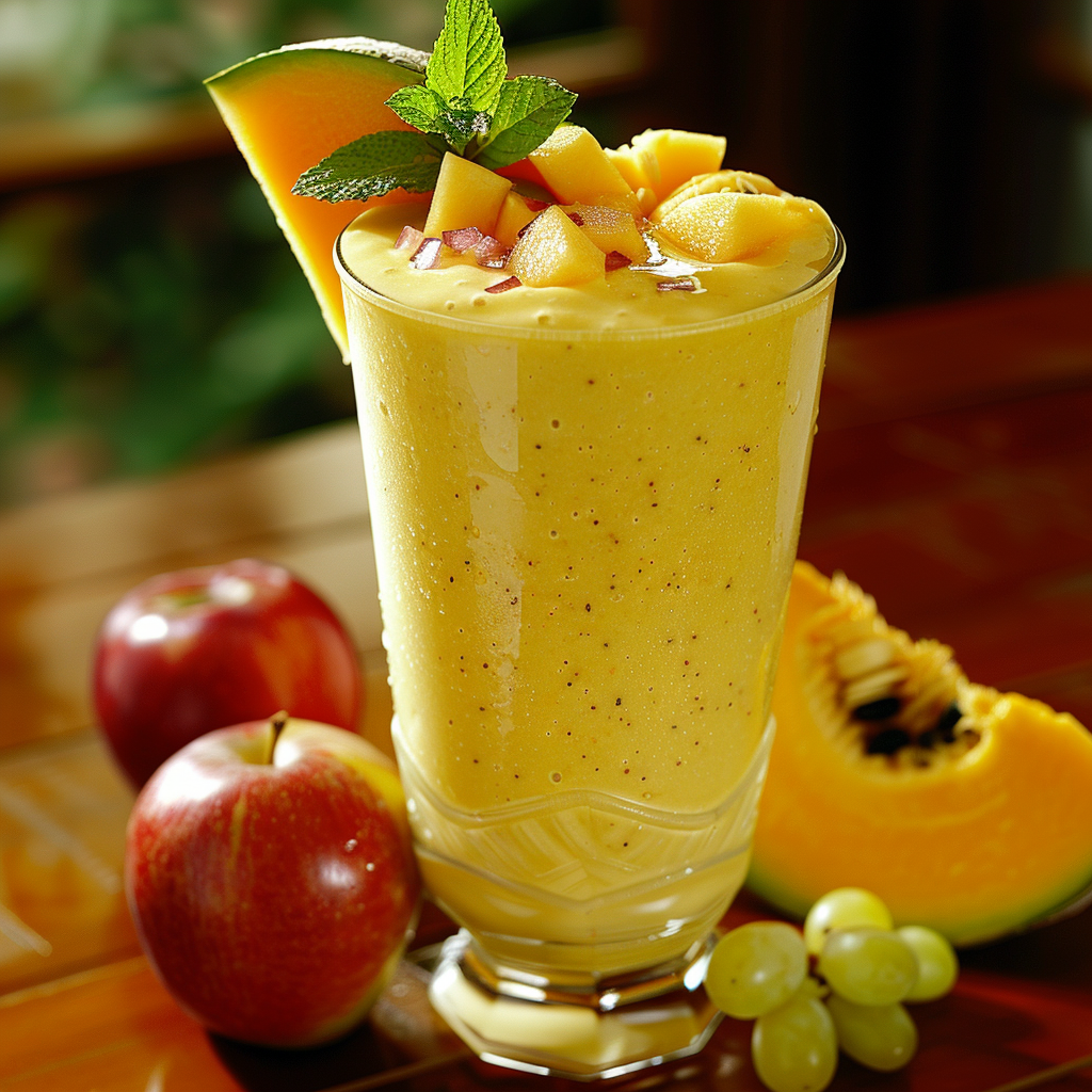 A glass of our All-Star Fruit Spectacle, bursting with goodness and garnished with luscious mango chunks and a vibrant sprig of mint. Set against a backdrop of crisp apples, juicy grapes, and a slice of succulent cantaloupe melon, this creamy and refreshing smoothie is the ultimate tropical treat. Experience the health-boosting benefits and freshness of Zestful Blends in every sip. Embrace vitality with our expertly crafted fruit salads, juices, snacks, smoothies, whole fruit packs, and desserts—each one carefully curated to nourish your body while being kind to the planet.