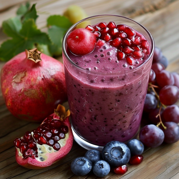 A dynamic glass of our Antioxidant Adventure smoothie, crowned with pomegranate seeds, a luscious cherry, and nutrient-packed chia seeds. Encircled by vibrant pomegranates, plump grapes, and juicy blueberries – all bursting with goodness. Our refreshing blend teems with antioxidant-rich fruits to rejuvenate your body from the inside out. Set against a backdrop of nature’s green splendor on a rustic wooden surface, this delightful concoction underscores Zestful Blends’ commitment to freshness and eco-friendly practices.