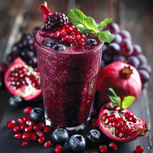 A tall glass of our vibrant Antioxidant Adventure, bursting with goodness and garnished with crisp mint leaves, is crowned with succulent blackberries, blueberries, and jewel-like pomegranate arils. Around the wooden surface, you'll find an artful scattering of fresh pomegranates, juicy grapes, and plump blueberries—all highlighting the antioxidant-rich essence of this refreshing delight. At Zestful Blends, we prioritize your health and freshness in every sip while embracing eco-friendly practices to nourish both you and the planet. Experience a treat that's as good for you as it is sensational!