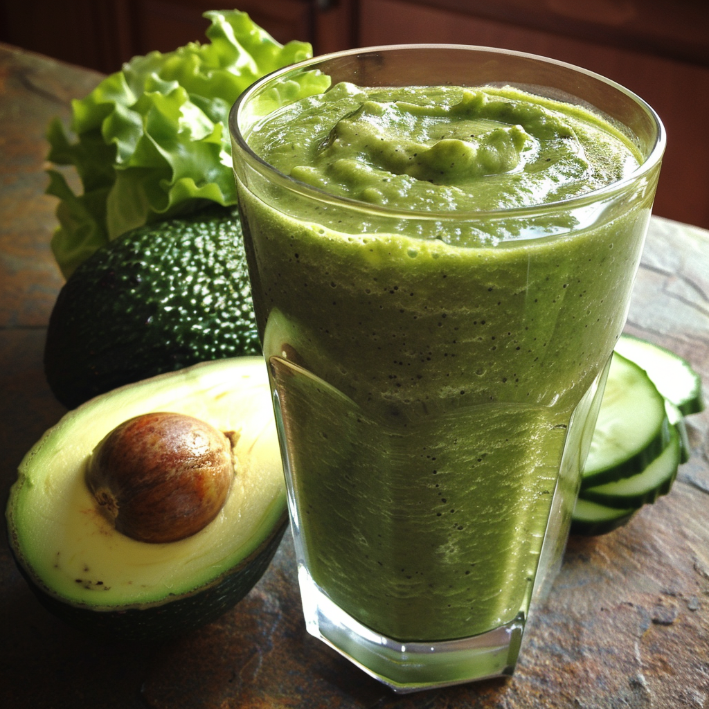 A glass of our Apple Avocado Awe Smoothie takes center stage, surrounded by the freshest ingredients: a halved avocado, crisp cucumber slices, and leafy green lettuce. Bursting with goodness, this thick and creamy blend features a vibrant green hue that screams health and vitality. Sweetened naturally by succulent apples, every sip delivers a refreshing burst of nutrition. Perfect for on-the-go or a relaxing moment at home. Experience the wholesome energy of our expertly crafted smoothie—a true testament to Zestful Blends’ commitment to freshness and eco-friendly goodness!