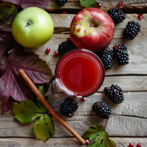 A beautifully crafted wooden table is adorned with a vibrant glass of red juice, bursting with the pure, natural goodness of Zestful Blends. Surrounding this refreshing drink are plump blackberries and crisp apples in green and red, echoing the radiant freshness and health benefits packed into every product—whether it’s our fruit salads, rejuvenating juices, invigorating snacks, delicious smoothies, whole fruit packs brimming with nutrients or delectable desserts. Scattered autumn leaves and extra berries heighten the seasonal charm while highlighting our commitment to eco-friendly practices. Experience the essence of Apple Berry Autumn with every sip and bite!