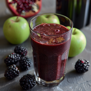 A glass of our Apple Berry Autumn smoothie, bursting with goodness, is placed on a table adorned with fresh blackberries and green apples. In the background, a halved pomegranate enhances the vibrant, autumn fruit-filled scene. This rich and thick smoothie exemplifies Zestful Blends' commitment to healthful vitality and eco-friendly freshness in every sip.