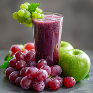 A tall glass brimming with our vibrant Apple Grape Antioxidant Boost, bursting with goodness and garnished with a lush bunch of green grapes. Surrounding this refreshing elixir are clusters of succulent red grapes, a crisp green apple, and a single radiant cherry. This tantalizing scene captures the essence of Zestful Blends – fresh, health-packed indulgences that delight your taste buds while nourishing your body. Sip sustainably and feel invigorated with every eco-friendly choice we offer!