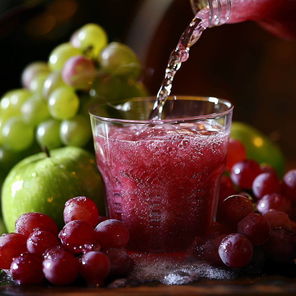 A glass is being filled to the brim with our Apple Grape Antioxidant Boost, surrounded by clusters of luscious green and red grapes, alongside a crisp, bright green apple. The scene bursts with freshness and health benefits, showcasing the vibrant abundance of fruits in every sip. Experience a refreshing antioxidant boost that’s not only delicious but also eco-friendly and packed with natural goodness – just like all Zestful Blends products!