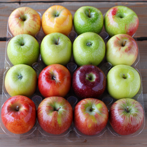 This vibrant Apple Package from Zestful Blends is bursting with goodness! Each plastic tray holds 16 fresh, shiny apples, neatly arranged in a joyful 4x4 grid. Enjoy a delightful mix of colors – from rich reds and luscious greens to sunny yellows, some beautifully blending multiple shades. Our eco-friendly packaging ensures both the quality and freshness of these nutrient-packed fruits. Perfect for fruit salads, rejuvenating juices, wholesome snacks, energizing smoothies, whole fruit packs, or even as a base for tantalizing desserts. Let this colorful array brighten up your day while boosting your health! Placed on an inviting wooden surface that adds an extra touch of natural elegance to this enticing display. Experience the zestful difference today!