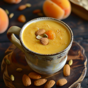 Experience the ultimate health infusion with our Apricot Almond Bliss. This warm, vibrant cup is bursting with goodness, garnished to perfection with whole almonds and aromatic cardamom pods. Nestled on a chic wooden coaster, it's surrounded by fresh almonds and luscious whole apricots, set against an elegant rustic backdrop. From our invigorating fruit salads and revitalizing juices to irresistible snacks, nutrient-packed smoothies, whole fruit packs, and delectable desserts—everything we offer prioritizes freshness and eco-friendly practices for your well-being.