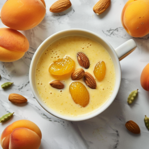 Experience pure delight with our Apricot Almond Bliss—a creamy beverage served in a pristine white mug, adorned with whole almonds and luscious apricot pieces. This indulgent treat is bursting with goodness, offering the perfect blend of health benefits and freshness that Zestful Blends is renowned for. Surrounding the mug are fresh apricots, almonds, and aromatic cardamom pods on a sleek white marble surface, creating an enticing tableau that's as eco-friendly as it is exquisite. Dive into the rich flavors and vibrant energy our premium ingredients provide in every sip!