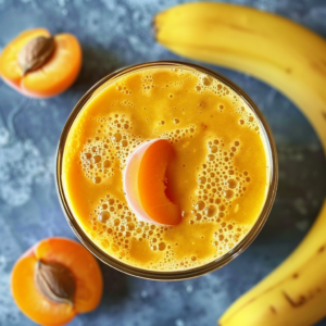 Indulge in an Apricot Sunrise smoothie, bursting with goodness and crowned with a luscious slice of apricot. Nestled amid fresh apricots and a vibrant banana, this frothy delight embodies the epitome of health and freshness against a striking blue backdrop. Discover the benefits of nature’s finest ingredients with Zestful Blends' eco-conscious promise.