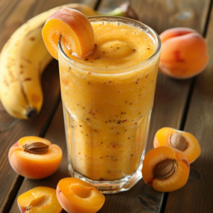 Experience the vibrant, health-boosting delight of Zestful Blends with our Apricot Sunrise! This tall glass of creamy yellow refreshment is bursting with the natural goodness of apricots and adorned with a fresh peach slice on the rim. Nestled beside are a whole banana, a whole peach, and several halved apricots, artistically arranged to capture the essence of a sunrise. Our Apricot Sunrise showcases visible seeds, affirming its rich blend of wholesome apricots. Indulge in this invigorating smoothie and feel the freshness elevate your day. Plus, enjoy knowing that our eco-friendly practices support your health and our planet's well-being!