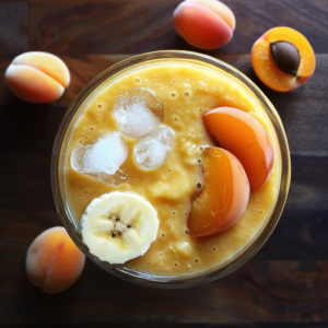 Experience the vibrant energy of Zestful Blends with our Apricot Sunrise Smoothie, a glass full of wellness! Garnished with fresh banana and peach slices, this delightful drink is bursting with goodness. Surrounded by whole and halved peaches on a rustic wooden surface, every sip captures the invigorating essence of sunrise. Our nutrient-packed smoothies are designed to rejuvenate your body while supporting eco-friendly practices. Dive into freshness and let the natural flavors elevate your day!