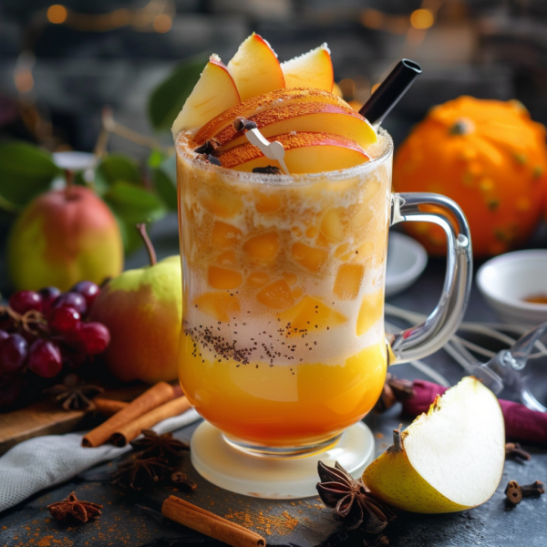 A vibrant tall glass mug brimming with a frothy, iced delight, garnished with crisp apple slices, aromatic cinnamon, and a chic dark straw. This refreshing concoction is surrounded by fresh apples, succulent grapes, a hearty pumpkin, invigorating cinnamon sticks, and fragrant star anise—all set against the cozy backdrop of our Autumn Spice Symphony. Zestful Blends offers this seasonal sensation bursting with goodness and packed with health benefits. Enjoy the essence of autumn in every sip while savoring the freshness and eco-friendly charm that defines all our fruit salads, juices, snacks, smoothies, whole fruit packs—perfectly crafted to nourish your body and soul!