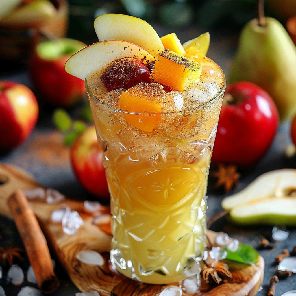 A tall, ornate glass brimming with **Autumn Spice Symphony**, a vibrant blend bursting with goodness! Garnished with apple slices and chunks of pear and mango, each sip promises a medley of fresh autumn flavors. Surrounding the glass are luscious apples, pears, a fragrant cinnamon stick, and star anise—all perfectly presented on a rustic wooden board adorned with sparkling ice cubes. Dive into this refreshing treat that’s not only delicious but also eco-friendly! Experience the zest of nature’s finest offerings in every bite and sip from Zestful Blends.