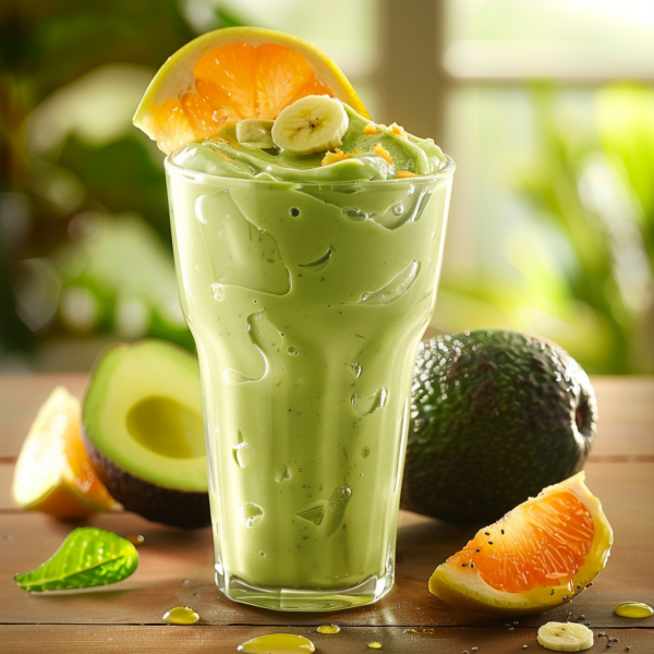 A tall glass brimming with our creamy Avocado Citrus Dream, adorned with vibrant orange and banana slices. Bursting with goodness, this velvety green delight harmonizes the richness of avocado with a refreshing hint of citrus. Nestled against a rustic wooden surface and surrounded by fresh avocados, juicy orange slices, and ripe bananas, this creation exudes freshness. In the blurred sunny backdrop, feel the zestful energy of nature – perfect for your health-conscious cravings. At Zestful Blends, we celebrate eco-friendly choices and outstanding nutrition in every mouthwatering treat!