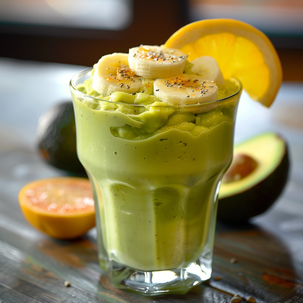 A radiant glass of our creamy Avocado Citrus Cream, adorned with fresh banana slices, nutrient-packed chia seeds, and a zesty lemon wedge. Nestled against the vibrant hues of ripe avocado and sliced lemon on a rustic wooden table, this smoothie is bursting with goodness. Each sip promises refreshing citrus notes and velvety texture—perfect for a healthful boost! Enjoy the pure freshness of our eco-friendly ingredients at Zestful Blends where every product is crafted to deliver vitality and joy.