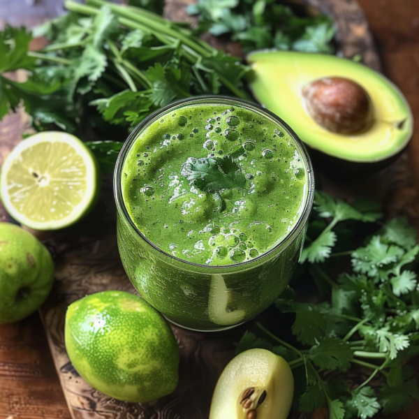 A vibrant Avocado Herb Harmony Smoothie, bursting with goodness, is elegantly garnished with a fresh cilantro leaf and showcased in a glass. Surrounding the smoothie are its wholesome ingredients: a halved avocado, zesty limes—one cut and others whole—and aromatic cilantro leaves on a pristine wooden surface. The well-lit scene captures the radiant freshness of Zestful Blends’ premium, health-boosting smoothie ingredients. Enjoy this nutrient-packed delight that's as nourishing as it is delicious! Indulge in our eco-friendly promise to deliver vibrant health benefits in every sip.