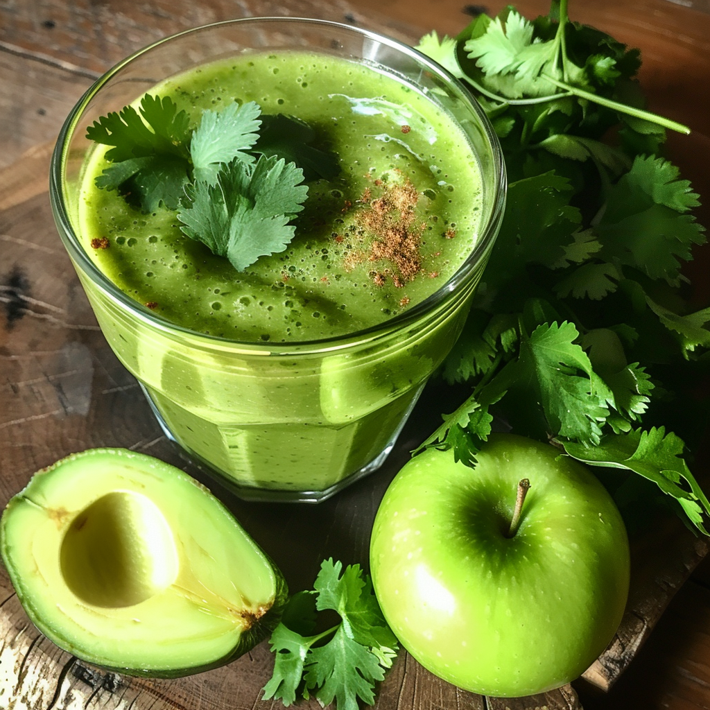 Experience the vibrant health benefits of our Avocado Herb Harmony Smoothie, expertly crafted and bursting with goodness. This refreshing blend is topped with fresh cilantro and nestled in a naturally rustic wooden setting. Enhance your wellness journey with the fresh flavors of halved avocado, whole green apple, and aromatic herb leaves that surround this smoothie masterpiece. Each sip delivers pure freshness while supporting our eco-friendly commitment.