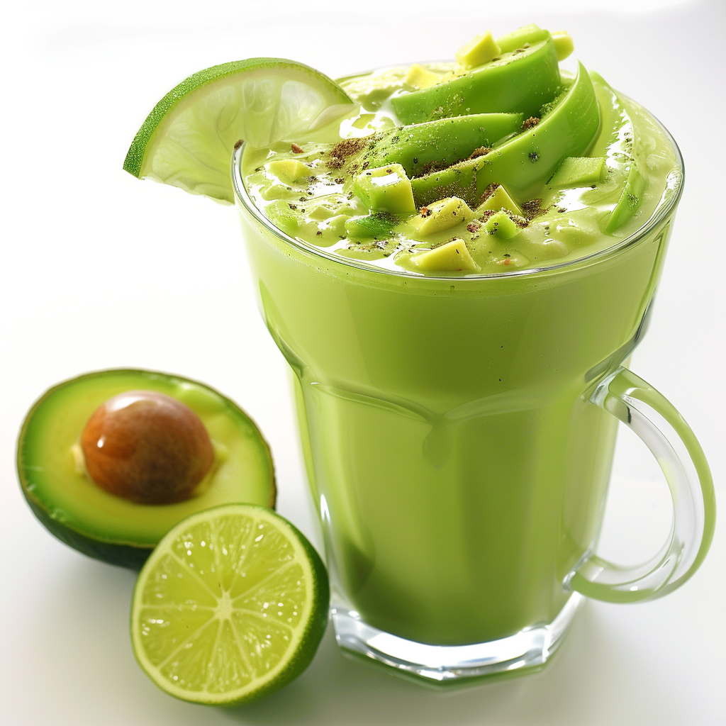 An Avocado Lime Dream in a glass mug, bursting with goodness and garnished with fresh avocado cubes and a sprinkle of black pepper. Adorned with a vibrant lime wedge on the rim, this smoothie is the epitome of freshness. Whole and sliced avocados alongside a halved lime dreamily complement the scene, showcasing the rich, health-boosting ingredients that make Zestful Blends products extraordinary. Always eco-friendly and packed with nutrients—enjoy pure vibrancy in every sip!