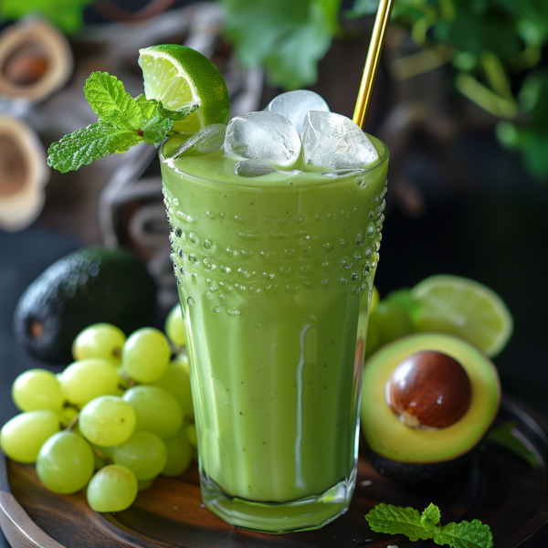 Indulge in our Avocado Lime Serenity Smoothie, served in a stylish, textured glass and garnished with a zesty slice of lime and a fresh mint sprig. This velvety avocado-infused delight, bursting with goodness, is packed with ice cubes for an invigorating chill. Nestled alongside vibrant green grapes, tangy lime halves, and extra mint leaves, it promises a refreshing escape that’s as healthy as it is delicious. Embrace the freshness and vitality of Zestful Blends’ eco-friendly offerings!