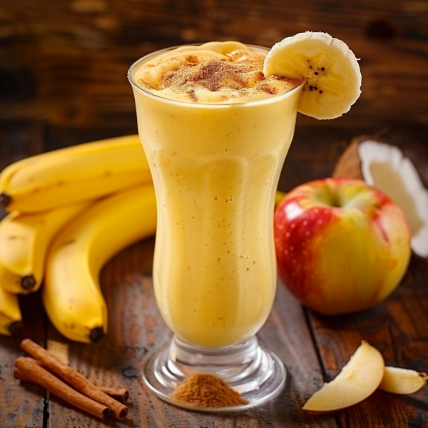 A tall glass of our creamy Banana Bliss Smoothie, bursting with goodness and topped with a fresh banana slice, takes center stage. This vibrant smoothie is surrounded by naturally sweet bananas, a crisp apple, and fragrant cinnamon sticks on a rustic wooden table. A sprinkle of cinnamon crowns the smoothie and adorns the table nearby, adding an inviting touch of warmth. Perfectly blended to boost your day with healthful energy, our Banana Bliss Smoothie showcases the incredible freshness of Zestful Blends' products—fresh fruit salads, revitalizing juices, wholesome snacks, nutrient-rich smoothies, convenient whole fruit packs, and delectable desserts—all crafted to nourish your body while respecting our planet with eco-friendly practices.