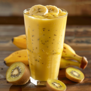 A tall glass of our vibrant Banana Gold Rush smoothie, bursting with goodness, showcases a lush blend of fresh banana slices and nutrient-packed kiwi seeds. Topped elegantly with three perfectly cut banana slices, this invigorating drink embodies freshness and health in every sip. Surrounding the glass are whole bananas and artfully arranged kiwi slices, highlighting the natural ingredients that make this drink an inviting rush of fruity delight. Sip sustainably from Zestful Blends where every delicious offering is crafted with care for you and the planet.