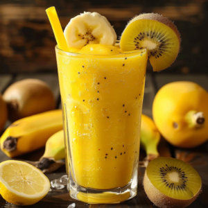 A delightful Mango Smoothie, brimming with vibrant health benefits, in a tall glass—framed by a lush banana and kiwi slice on the rim. Our Banana Gold Rush smoothie, inspired by the tropical gold rush era, sits gracefully among fresh bananas, kiwis, and a zesty lemon half. With every sip from its sunny yellow straw, you'll taste the eco-friendly freshness Zestful Blends is known for. All set against a charming rustic wooden backdrop that whispers of nature’s bounty. Bursting with goodness for your ultimate refreshment!