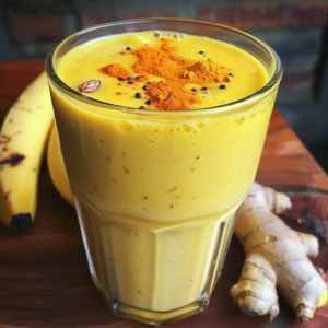 A glass of our Banana Spice Smoothie graces a rustic wooden surface, garnished to perfection with a sprinkle of turmeric powder and chia seeds. Bursting with goodness, this smoothie showcases the rich creaminess and vibrant yellow hue that promises pure indulgence. Nestled around the glass are fresh, wholesome ingredients: a ripe banana and aromatic ginger root, symbolizing the natural freshness we capture in every blend. At Zestful Blends, we champion health benefits without compromise—our eco-friendly approach ensures you savor nature’s finest in every sip!