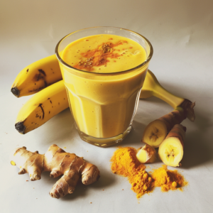 A vibrant glass of Banana Spice Smoothie, surrounded by fresh whole bananas, zingy ginger roots, and aromatic turmeric powder alongside sliced turmeric roots. This smoothie, bursting with goodness and enhanced by the spice of invigorating turmeric and ginger, is elegantly topped with a sprinkle of golden turmeric powder. Enjoy the refreshing taste and abundant health benefits in every sip. Experience the unparalleled freshness with Zestful Blends’ commitment to eco-friendly practices that nourish both you and the planet!