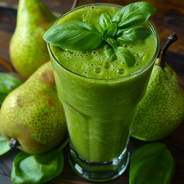 A tall glass filled with our vibrant green Basil Pear Bliss Smoothie, garnished with fresh basil leaves. In the background, two speckled pears rest among additional basil leaves scattered on a rustic wooden surface. This creamy, inviting smoothie is bursting with goodness, promising a refreshing taste from nature's finest ingredients. Discover the health benefits and pure freshness of Zestful Blends in every sip—energize your day while enjoying our eco-friendly commitment to quality and sustainability!