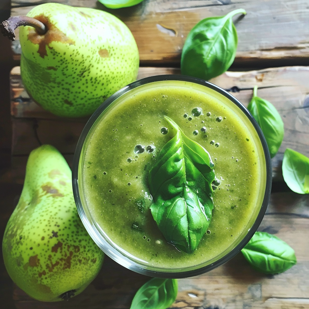 Experience the Basil Pear Bliss Smoothie from Zestful Blends, served in a chic glass and topped with a fresh basil leaf. This delightful smoothie is surrounded by vibrant basil leaves and two ripe, juicy pears, all artistically presented on a rustic wooden surface. Our Basil Pear Bliss Smoothie is bursting with goodness—packed with essential nutrients and designed to invigorate your senses. At Zestful Blends, our commitment to freshness means you’ll enjoy the purest flavors in every sip. Plus, our eco-friendly practices ensure you’re treating both yourself and the planet right! Indulge in healthful vitality today!