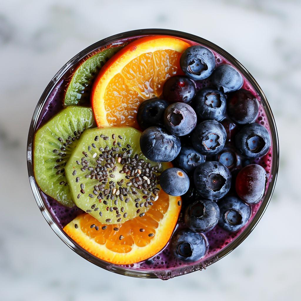 Dive into the Berry Citrus Surprise smoothie bowl from Zestful Blends, bursting with goodness and vibrant colors! This delectable creation features fresh blueberries, zesty sliced kiwi, juicy orange segments, and a sprinkle of health-boosting chia seeds. Its rich purple hue hints at a luscious blend of berries, elevated by a refreshing citrus twist. Set against an elegant marble backdrop that accentuates its clean presentation, each spoonful of this smoothie bowl is not only a feast for your taste buds but also packed with essential nutrients. Enjoy a deliciously healthy treat that’s as kind to the planet as it is to you!