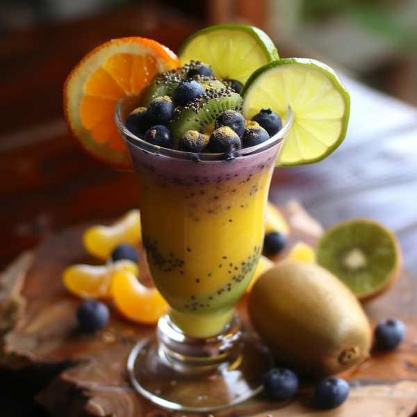 Experience the vibrant and refreshing zest of our Berry Citrus Surprise fruit smoothie, a delicious sensation bursting with goodness! This tall glass of layered delight showcases a radiant palette of yellow, green, and purple, garnished with lively slices of orange, kiwi, and lime. Bursting with health benefits from its fresh ingredients topped with chia seeds and blueberries. Surrounding the alluring glass is an array of fresh kiwi slices, plump blueberries, and juicy orange segments on a rustic wooden surface – all indicative of Zestful Blends’ commitment to freshness and eco-friendly practices. Sip in the vitality today!