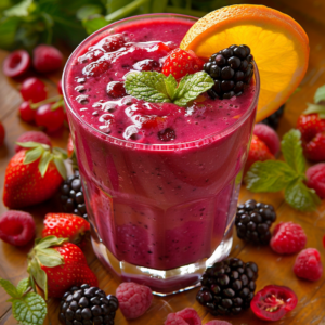 A vibrant Berry Citrus Twist in a glass, garnished with a slice of zesty citrus orange, plump strawberry, juicy blackberry, and a refreshing sprig of mint. Surrounding this delicious concoction are fresh strawberries, raspberries, blackberries, and mint leaves scattered across the wooden surface—adding an extra burst of goodness. Enjoy this nutritious and eco-friendly delight from Zestful Blends!