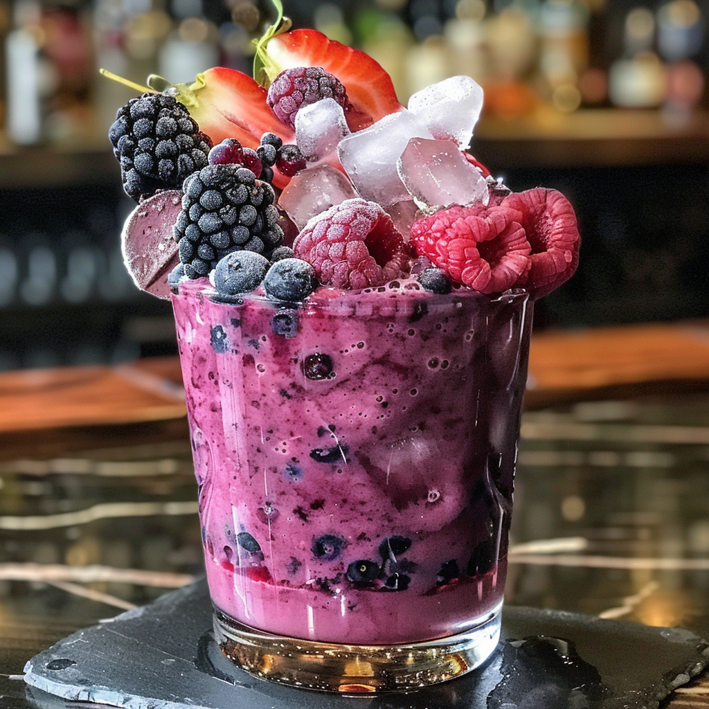 A glass brimming with our vibrant Berry Lychee Fusion, crowned with ice cubes and a medley of fresh, juicy blackberries, raspberries, and strawberries. This refreshing blend is bursting with goodness, offering a delightful mix of antioxidants and natural flavors. The eco-friendly presentation in the blurred bar setting highlights the colorful fusion drink at center stage—perfect for a health-conscious treat that tantalizes your taste buds. Rediscover freshness with every sip!