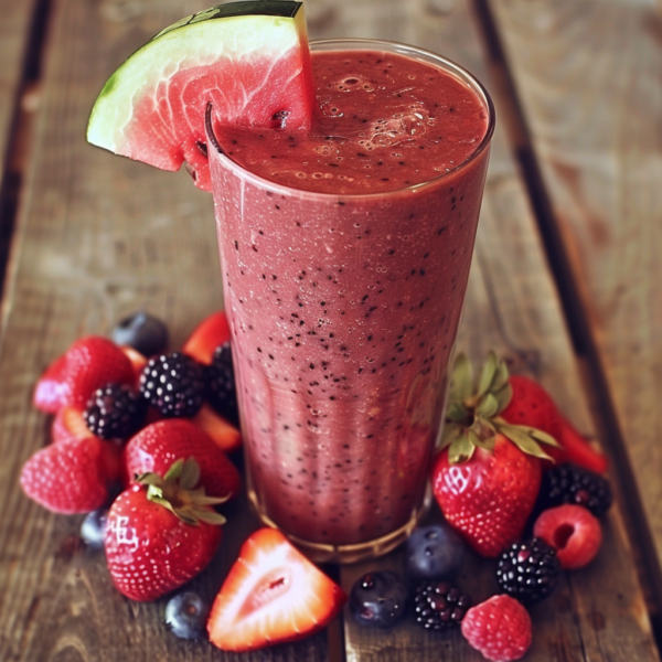 A tall glass of Berry Melon Fusion stands proudly on a rustic wooden table, bursting with goodness and garnished with a refreshing watermelon slice. Surrounding it are fresh, juicy berries—strawberries, raspberries, blackberries, and blueberries—that promise a symphony of flavor in every sip. The smoothie boasts a rich, vibrant red color and creamy texture that's as invigorating as it is delicious. At Zestful Blends, our smoothies offer unparalleled freshness and health benefits while being eco-friendly!