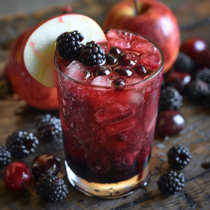 Experience the vibrant allure of Zestful Blends with our Berry Orchard Breeze! This refreshing drink, bursting with goodness, features a glass filled with ice and a lush dark red elixir that is garnished to perfection with fresh blackberries, cherries, and a crisp slice of apple. Surrounded by an orchard bounty of succulent blackberries, juicy cherries, and crisp apples on a rustic wooden surface, this delightful beverage captures the essence of natural wellness. Enjoy the pure taste and health benefits crafted from the freshest ingredients while embracing eco-friendly practices in every sip!