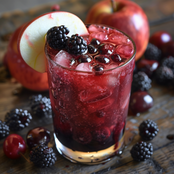 Experience the vibrant allure of Zestful Blends with our Berry Orchard Breeze! This refreshing drink, bursting with goodness, features a glass filled with ice and a lush dark red elixir that is garnished to perfection with fresh blackberries, cherries, and a crisp slice of apple. Surrounded by an orchard bounty of succulent blackberries, juicy cherries, and crisp apples on a rustic wooden surface, this delightful beverage captures the essence of natural wellness. Enjoy the pure taste and health benefits crafted from the freshest ingredients while embracing eco-friendly practices in every sip!