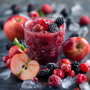 A glass brimming with the vibrant and delicious "Berry Orchard Breeze" smoothie, bursting with the goodness of garden-fresh raspberries and blackberries. Surrounding this refreshing glass are crisp apples, luscious halved apples, plump raspberries, and juicy blackberries, along with cooling ice cubes. The backdrop evokes the serenity of an orchard in a gentle breeze, dotted with scattered fruits and ice on a blurred gray surface—exemplifying nature's bounty at its freshest.

Experience Zestful Blends' commitment to health benefits in every sip and bite. Our products include fruit salads packed with vitamins, invigorating juices for a daily boost, wholesome snacks for any time of day, nutrient-rich smoothies like this one, convenient whole fruit packs for on-the-go nourishment, and delectable desserts that are as nutritious as they are delightful. Embrace eco-friendly choices with our sustainably sourced ingredients. Discover the ultimate in freshness and flavor!