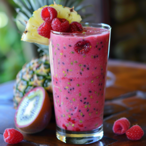 A vibrant, tropical smoothie in a tall glass, garnished with a fresh pineapple slice and luscious raspberries. Our Berry Tropical Mix is rich pink, bursting with goodness from visible seeds and real raspberry pieces. Surrounding the glass are whole pineapples, halved kiwis, and more juicy raspberries—all arranged on an eco-friendly wooden table. Embrace freshness with every sip and savor the healthy benefits of Zestful Blends' invigorating selection of fruit salads, juices, snacks, smoothies, whole fruit packs, and desserts!