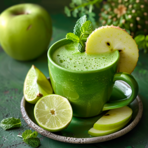 A vibrant green cup filled with our frothy Cactus Citrine Smoothie—bursting with goodness and garnished with a slice of crisp apple and fresh mint leaves—sits elegantly on a ceramic plate. Surrounding this energizing delight are juicy apple slices, zesty lime halves, and aromatic mint leaves, all arranged on a textured green surface that mimics cactus skin. Perfect for fueling your day with healthy vibes!