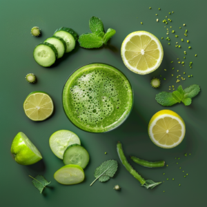 A glass of our Cactus Citrine Smoothie, bursting with goodness, takes center stage surrounded by an artful arrangement of sliced cucumber, zesty lime, crisp apple, tangy lemon, fresh mint leaves, fiery green chili, and scattered seeds on a lush dark green background. This vibrant citrine-hued smoothie is a refreshing blend from Zestful Blends that encapsulates the pinnacle of health benefits and freshness in every sip. Our eco-friendly packaging ensures you enjoy this nutritious delight sustainably!