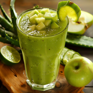 A tall glass of **Cactus Cooler Smoothie**, bursting with goodness, adorned with a vibrant lime slice and crisp green apple cubes. Set on a rustic wooden surface, surrounded by fresh lime, a juicy green apple, and lush aloe vera - exuding ultimate refreshment and wellness. Every sip delivers invigorating health benefits from nature's freshest ingredients, brought to you in eco-friendly packaging by Zestful Blends. Nourish your body while savoring the zest!